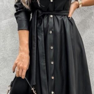 Купить по скидке женское платье-рубашка из эко кожи длины миди (размер 42-50) черного цвета