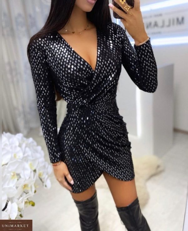 Заказать черное женское вечернее платье мини с пайетками онлайн