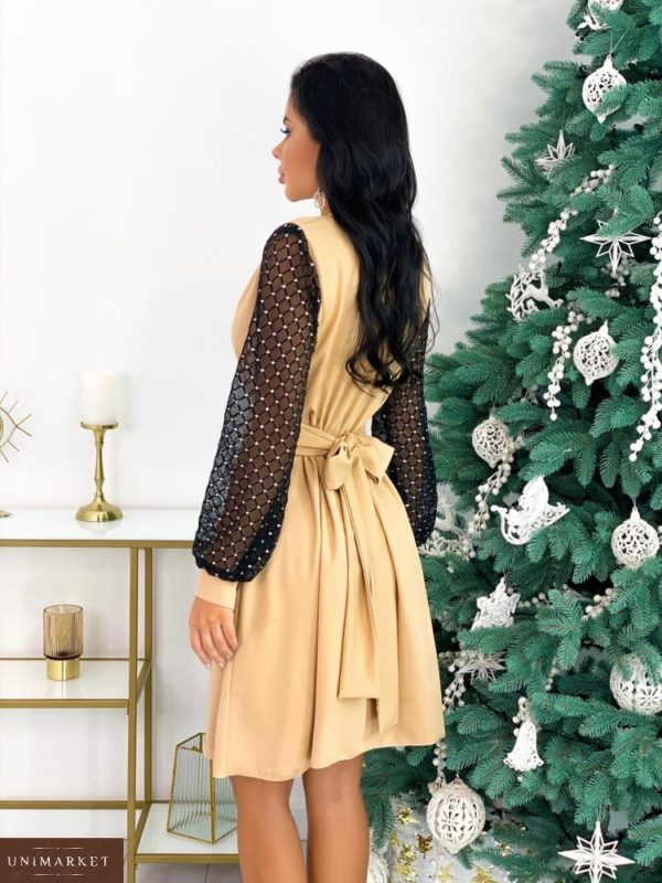 Купить онлайн женское платье с длинными рукавами-сеткой (размер 42-48) бежевого цвета