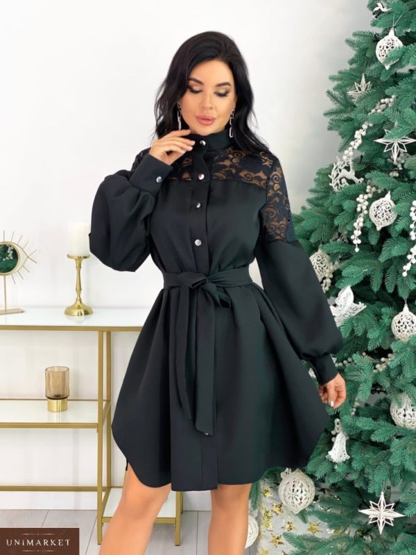 Заказать черное платье-рубашка с гипюром и необычными рукавами (размер 42-48) онлайн для женщин