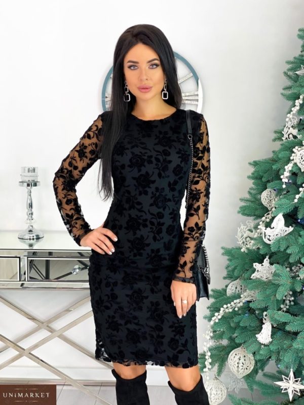 Придбати чорне елегантне плаття з візерунками для жінок на сітці (розмір 42-48) дешево