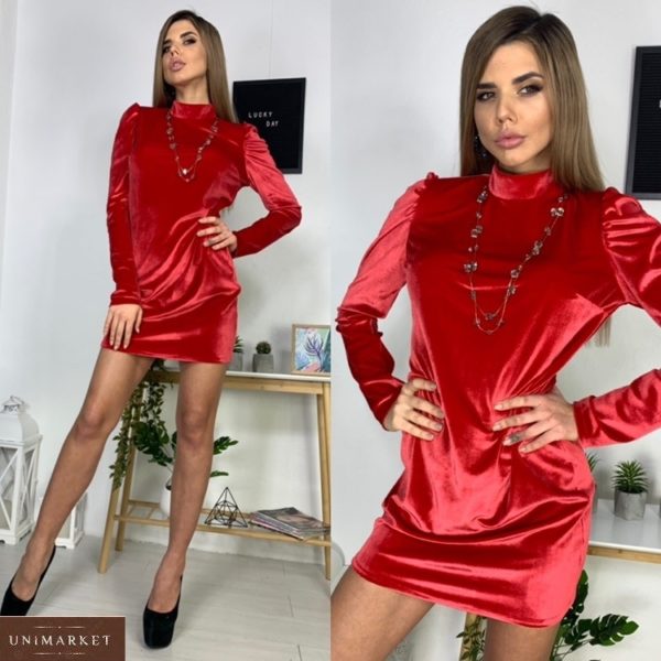 Купить красное бархатное платье мини под шею для женщин онлайн