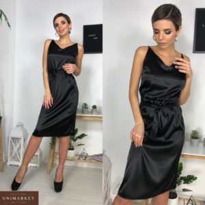 Купити за низькими цінами чорну атласну сукню міді з поясом для жінок