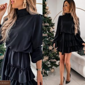 Купить черное женское закрытое платье (размер 42-50) с рюшами и длинным рукавом в интернете