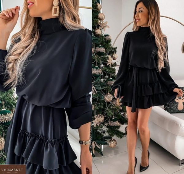 Купить черное женское закрытое платье (размер 42-50) с рюшами и длинным рукавом в интернете