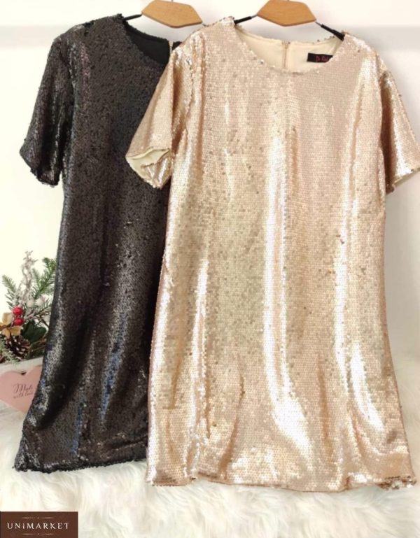 Купить на праздник женское свободное платье в пайетки с коротким рукавом в интернете золотое, черное