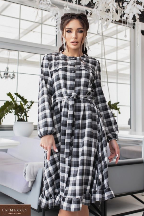 Купити сіре жіноче вовняне плаття-сорочка в клітку (розмір 42-48) онлайн