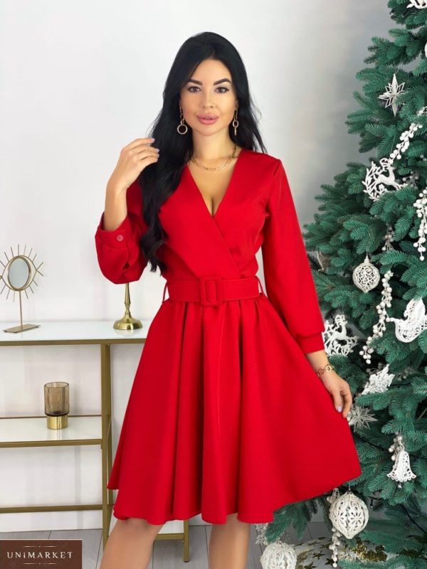 Заказать красное платье женское с декольте и поясом (размер 42-48) онлайн