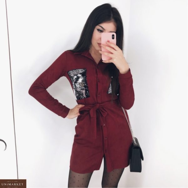Купить замшевое платье-рубашка бордовое с пайетками для женщин в интернете