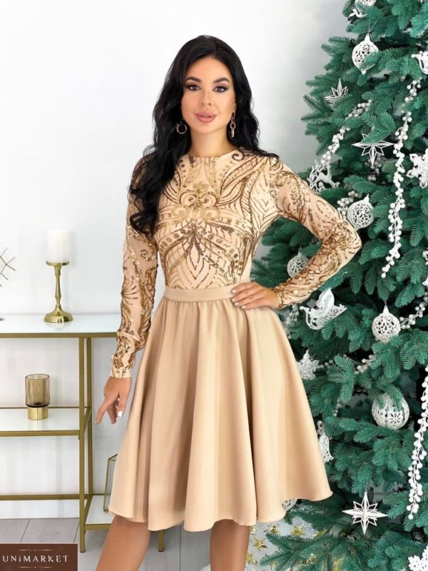 Заказать золотое женское платье с узорами с юбкой солнце (размер 42-48) в интернете