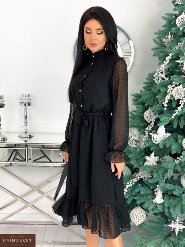 Купить черного цвета нежное платье в структурный горошек с поясом (размер 42-48) по скидке для женщин
