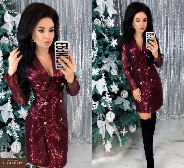 Заказать бордовое женское Праздничное платье-пиджак с пайетками онлайн