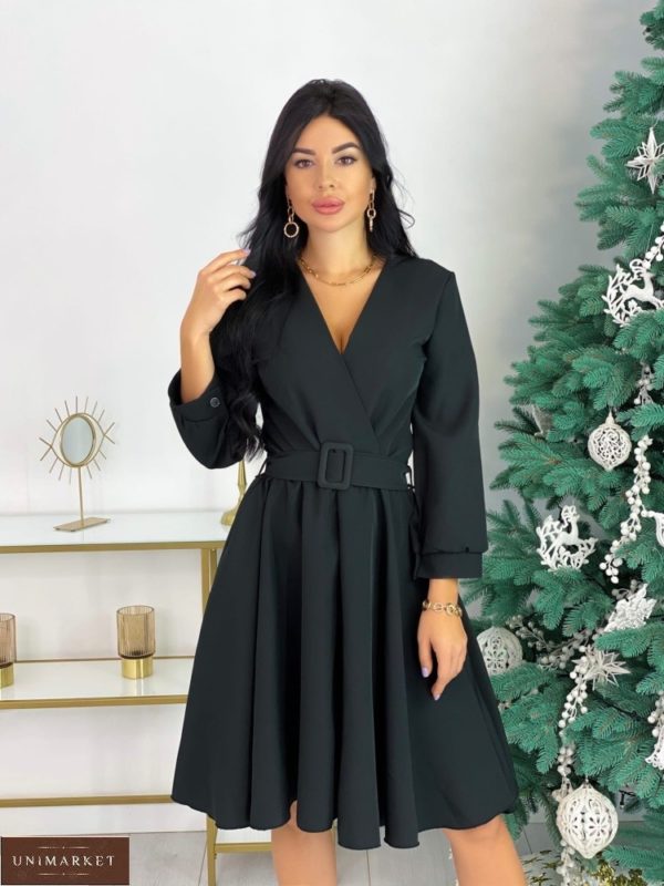 Заказать женское платье с декольте и поясом (размер 42-48) черного цвета в Украине