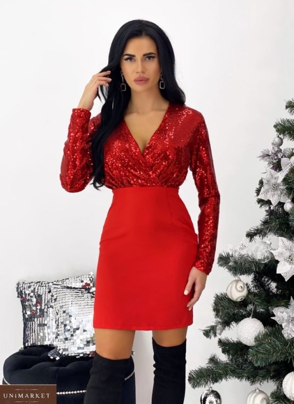 Замовити червону сукню з паєтками з декольте (розмір 42-48) для жінок в інтернеті