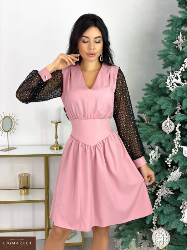 Заказать онлайн пудра для женщин платье с длинными рукавами-сеткой (размер 42-48) на корпоратив
