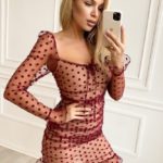 Замовити недорого бордове жіноче ніжне плаття міні з сіткою в горошок (розмір 42-48) в інтернеті