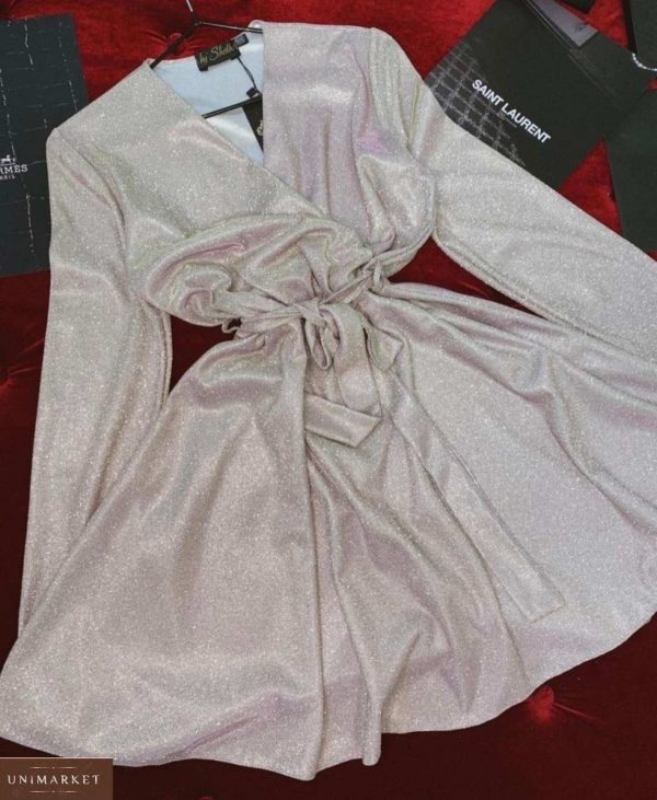 Купить беж женское Трикотажное платье на запах из люрекса онлайн