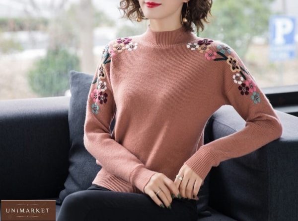 Приобрести цвета пудра свитер машинной вязки с вышитыми цветами для женщин в интернете