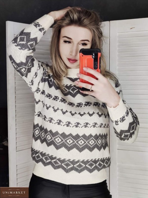 Купить серый свитер машинной вязки с узором для женщин в интернете