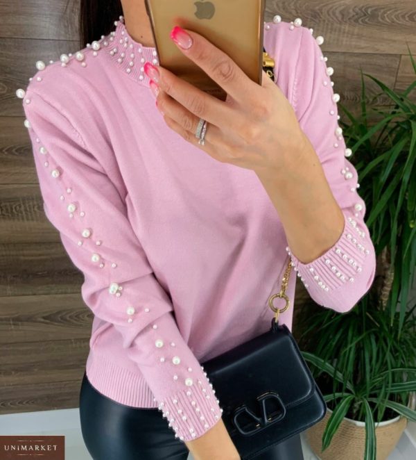 Приобрести женский нежный свитер розовый с жемчужинами на подарок