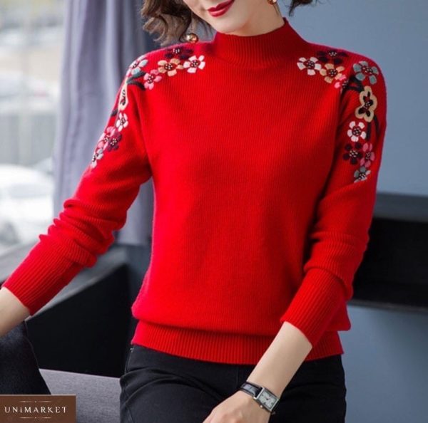 Купить красный женский свитер машинной вязки на осень с вышитыми цветами выгодно