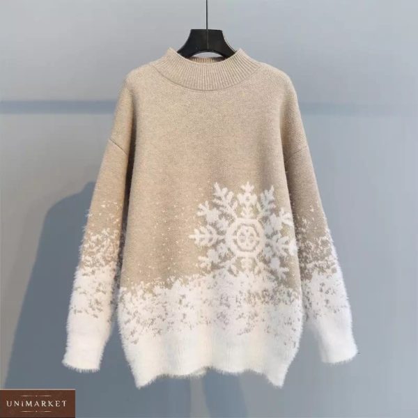 Придбати вигідно бежевий новорічний светр зі сніжинкою для жінок