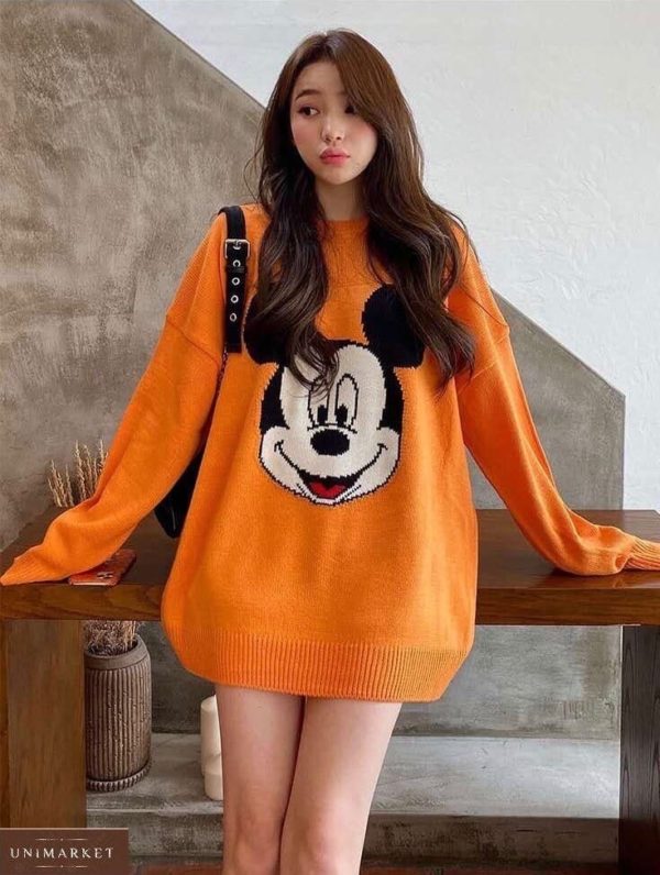 Придбати оранжевого кольору жіночий подовжений светр оверсайз з Міккі Маусом (розмір 42-48) за низькими цінами на осінь