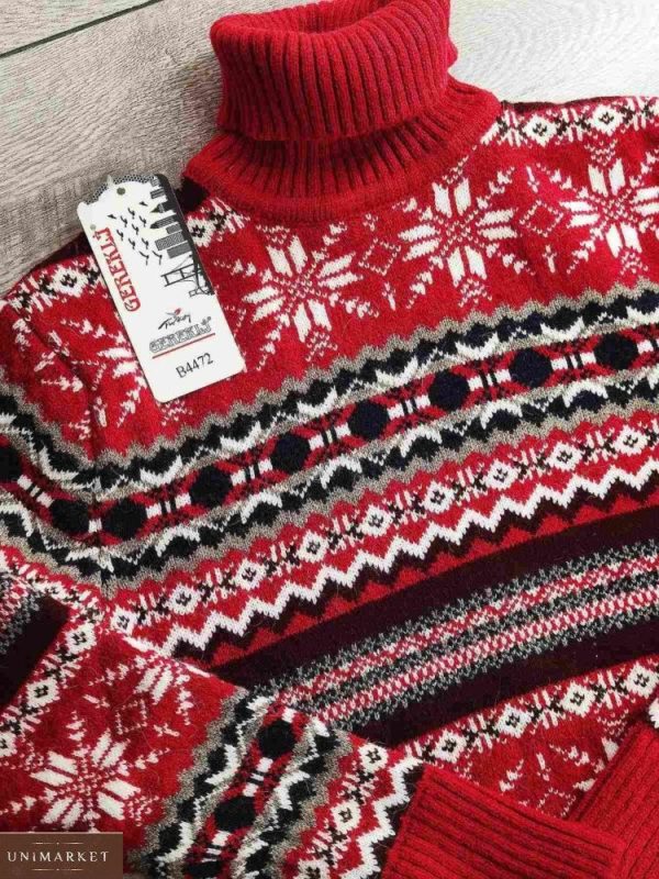 Купити червоний зимовий прінтованний светр жіночий з вовною (розмір 42-48) онлайн