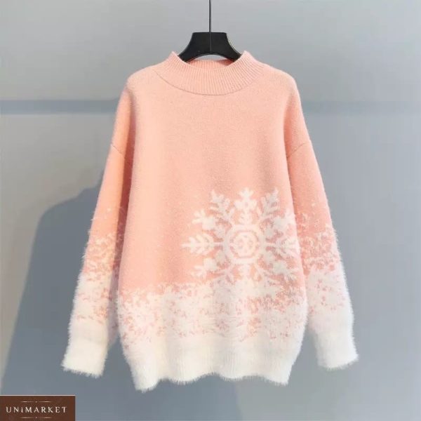 Придбати пудра жіночий новорічний светр по знижці зі сніжинкою