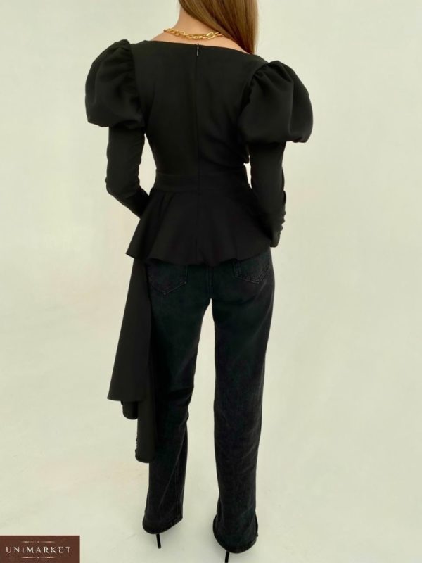 Придбати чорний жіночий Топ з басками і довгими рукавами-ліхтариками онлайн