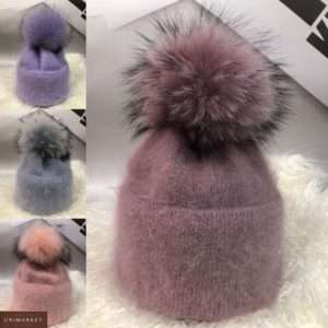 Придбати жіночу пухнасту шапку з ангори і вовни з помпоном кольору пудра, сіру, фіолет онлайн