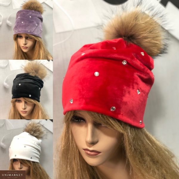 Замовити жіночу червону, білу, чорну, бузок шапку з подвійного велюру з помпоном онлайн
