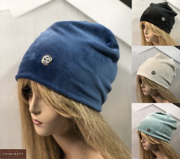 Замовити жіночу шапку онлайн з подвійного велюру Chanel синю, чорну, беж, блакитну