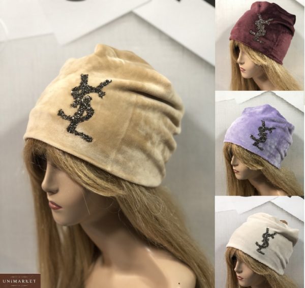 Замовити жіночу шапку з подвійного велюру YSL бордо, беж, пудра, бузок онлайн
