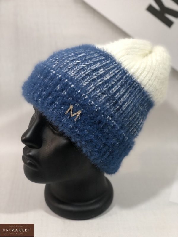 Заказать синюю женскую двухцветную шапку из ангоры травка онлайн