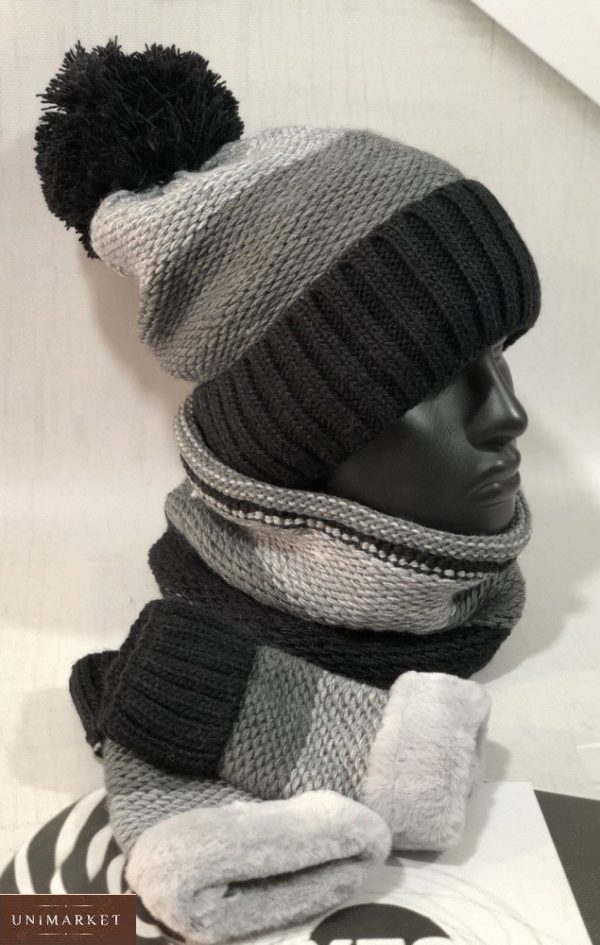 Замовити жіночий чорний зимовий набір трійка: шапка, шарф і рукавиці по знижці