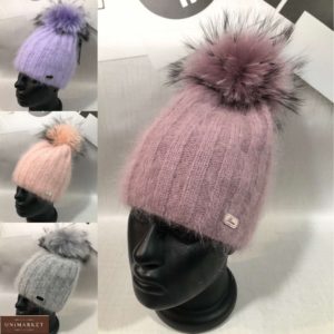 Купить женскую пушистую шапку онлайн рубчик с помпоном пудра, фиолет, персик, серый