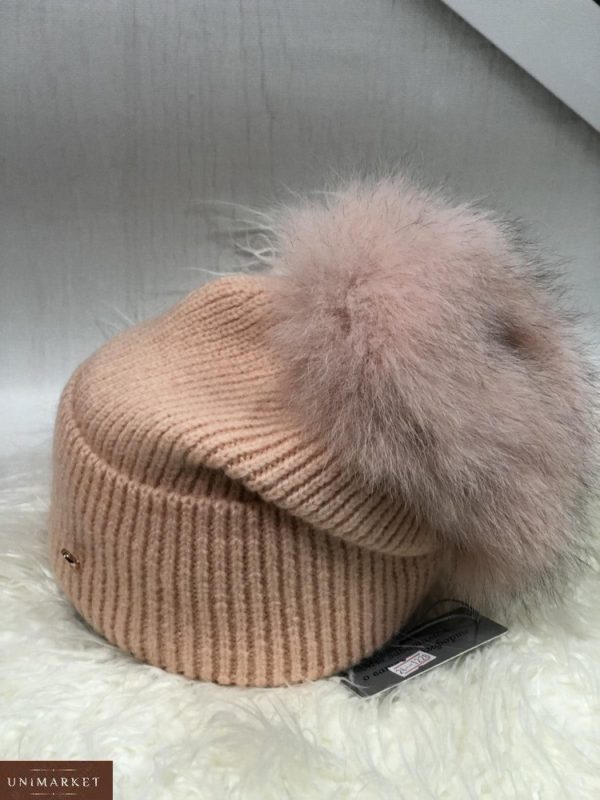 Приобрести персик женскую шерстяную шапку с пушистым помпоном в интернете