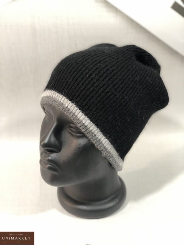 Придбати чорного кольору жіночу і чоловічу вовняну шапку з смужками в інтернеті