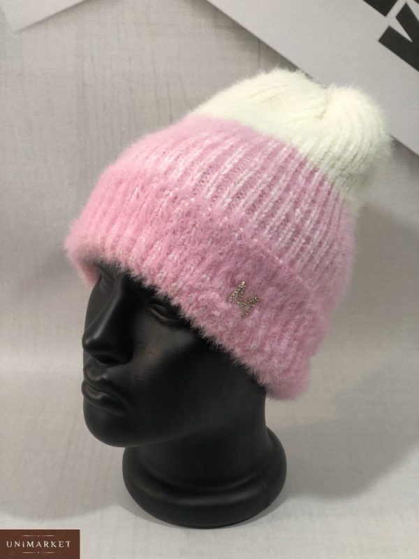 Придбати вигідно двобарвну шапку з ангори травичка для жінок рожеву