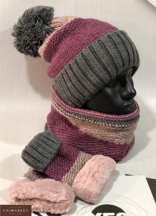Придбати онлайн малиновий жіночий зимовий набір трійка: шапка, шарф і рукавиці