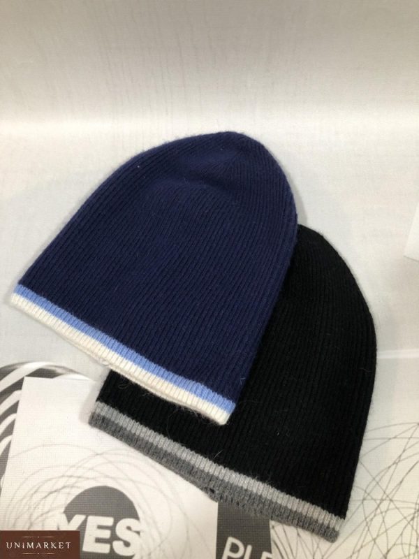 Купити синю і чорну вовняну шапку з смужками для чоловіків і жінок онлайн