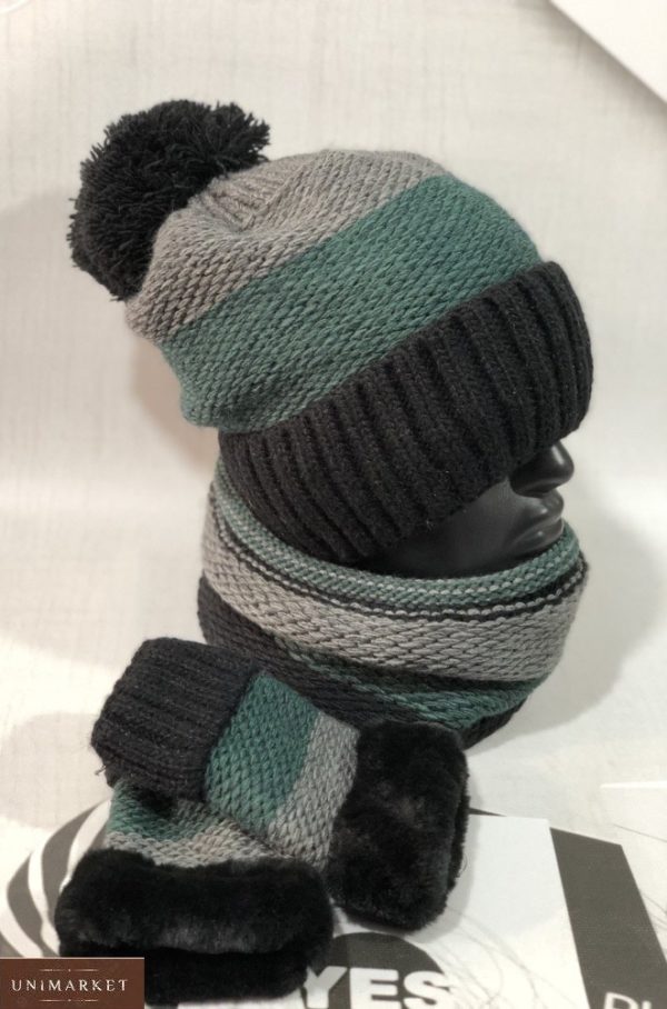 Приобрести женский зимний набор тройка: шапка, шарф и варежки зеленого цвета дешево