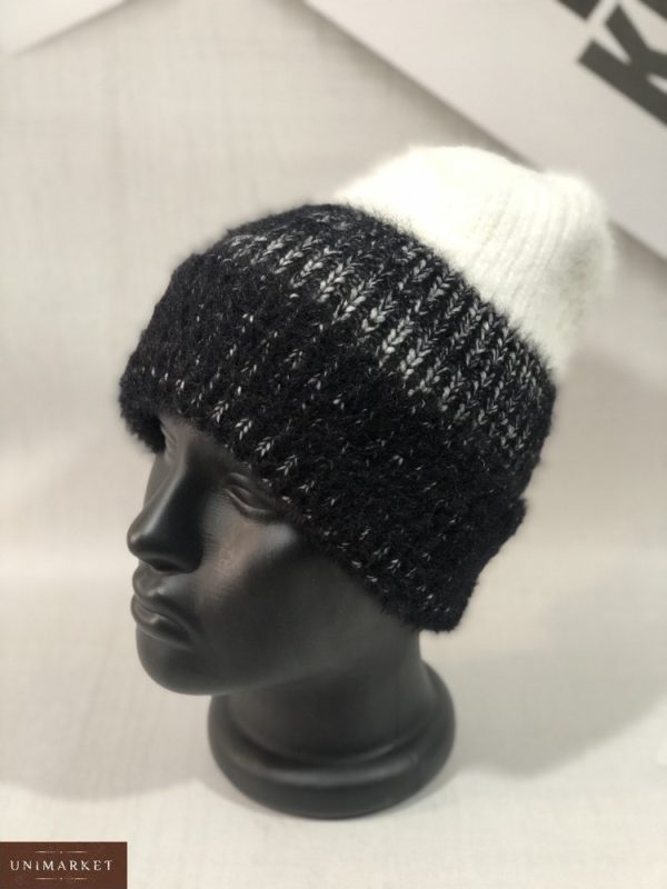 Купить черного цвета женскую двухцветную шапку из ангоры травка онлайн