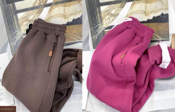 Купити жіночі коричневі, малинові спортивні штани з мікровельвету на флісі онлайн