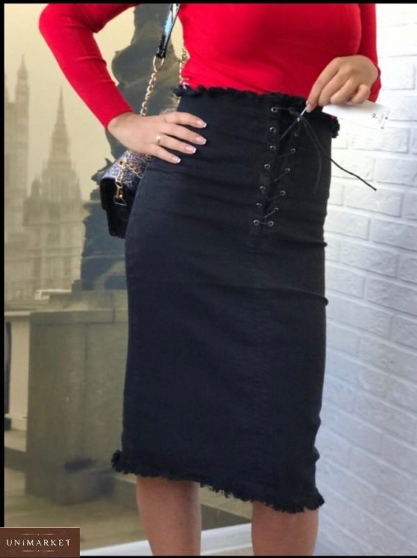 Заказать женскую черную джинсовую юбку миди с корсетной вставкой онлайн