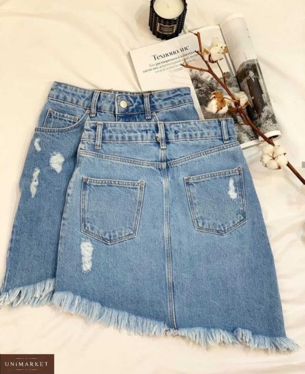 Придбати жіночу асиметричну спідницю з джинса з необробленим краєм блакитного кольору за низькими цінами