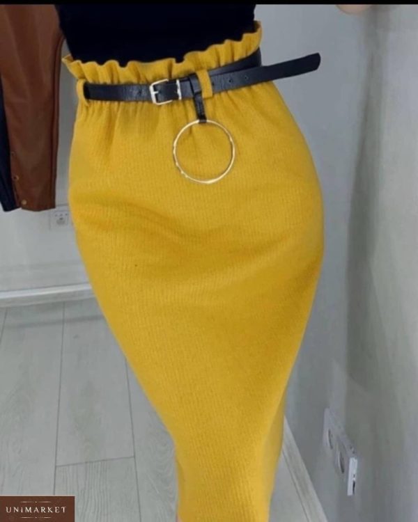 Заказать горчичного цвета женскую шерстяную юбку на осень длины миди с поясом недорого