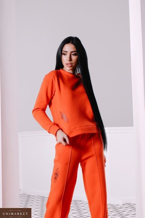 Заказать женский прогулочный костюм оранжевого цвета со свитшотом из трехнитки на флисе недорого