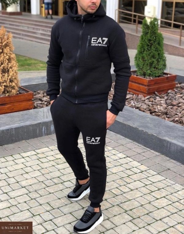 Заказать черный спортивный мужской костюм EA7 из трехнити на флисе (размер 48-52) недорого